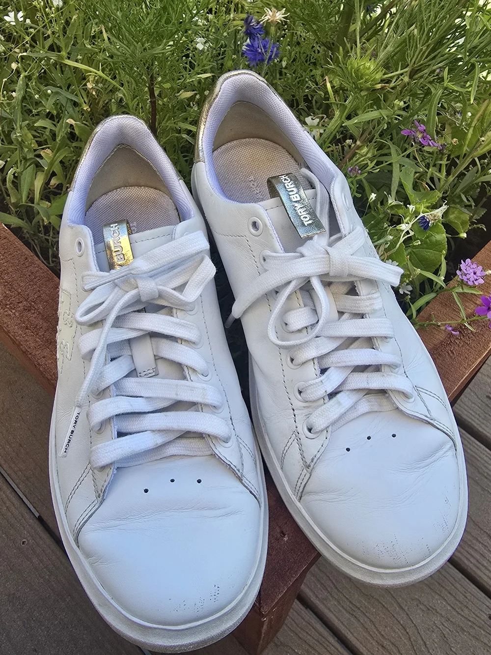 Tory Burch White Leather Sneakers with Gold Heel Detail